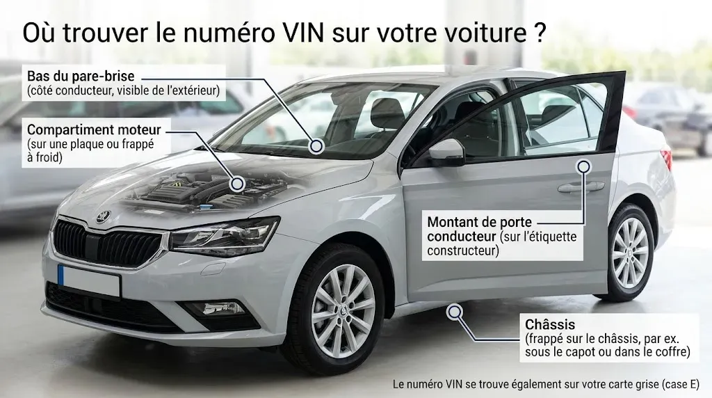 Esquema de un coche localizando el número VIN: parte inferior del parabrisas, pilar de la puerta del conductor, compartimento del motor y chasis.