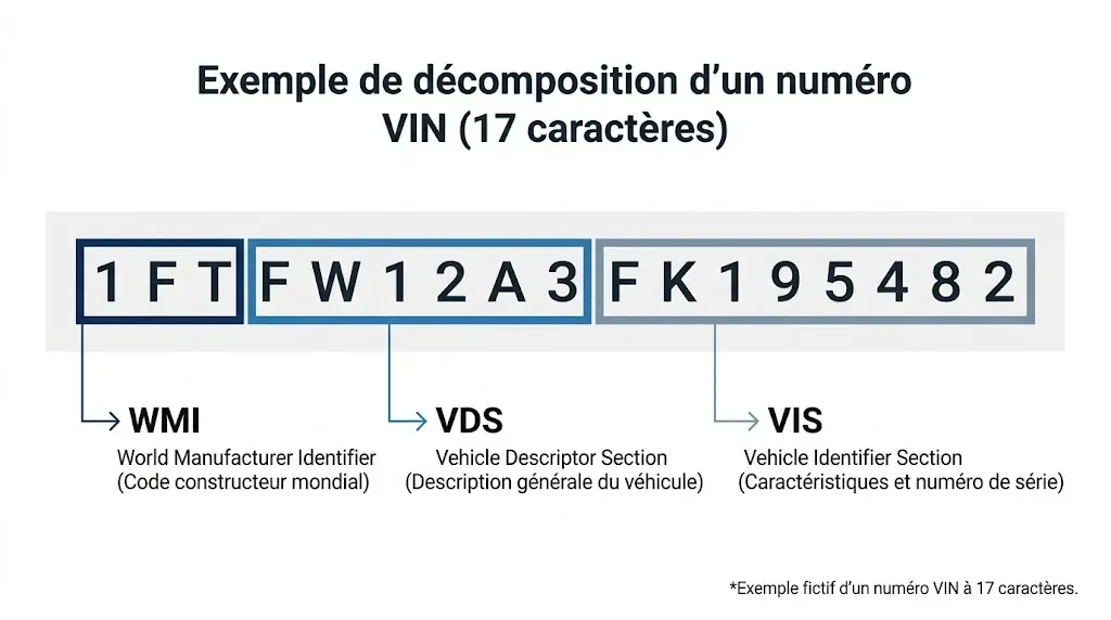 Ejemplo de número VIN dividido en tres secciones: WMI (fabricante y país), VDS (características) y VIS (año, fábrica, número de serie).