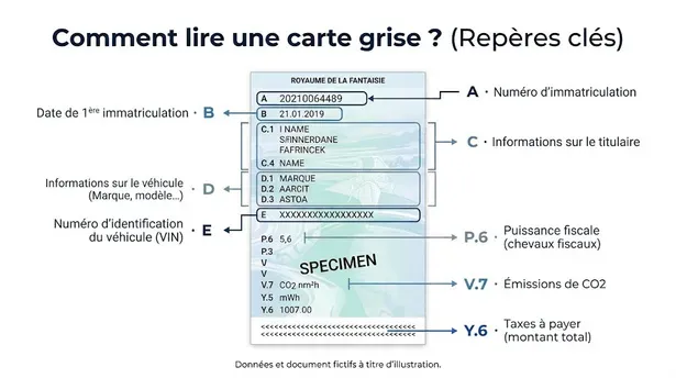 Carte grise anotada localizando las referencias A, B, C, D, E, potencia fiscal y tasas.